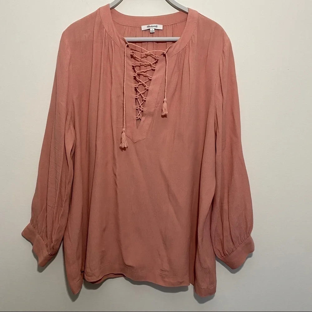 MADEWELL lace up peasant blouse top dusty rose S - Picture 2 of 10
